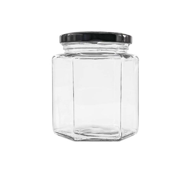 380MLhexagon glass container with lid Wholesale